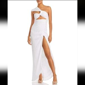 Just Bee Queen White One Shoulder Cutout Maxi Dress S. L NWT Slit Resort Bridal